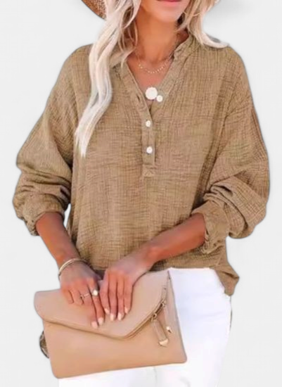 Women's Collared Oversized Shirt, Long Sleeve Crinkle Half Placket