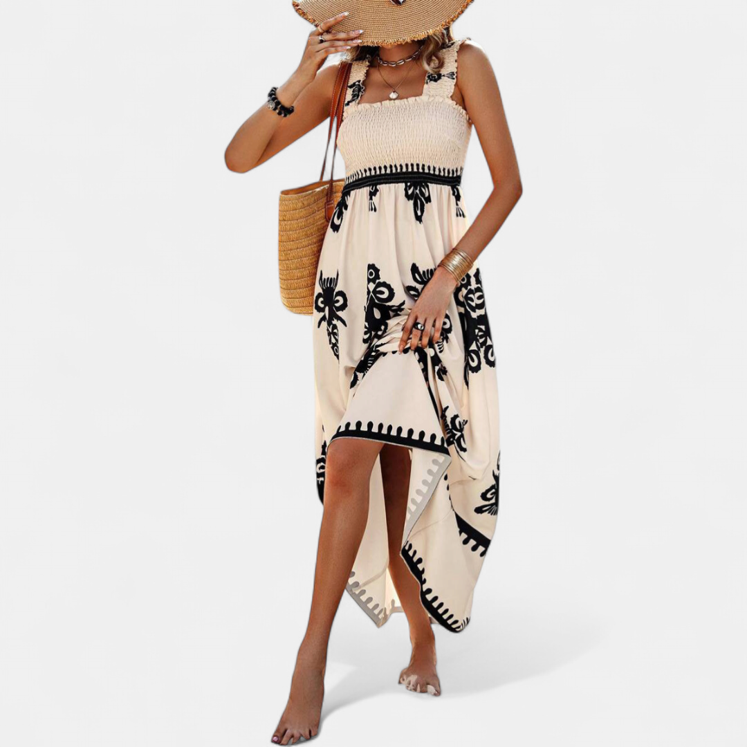 Women's Smocked Boho Maxi Dress, Square Neck Handkerchief Hem