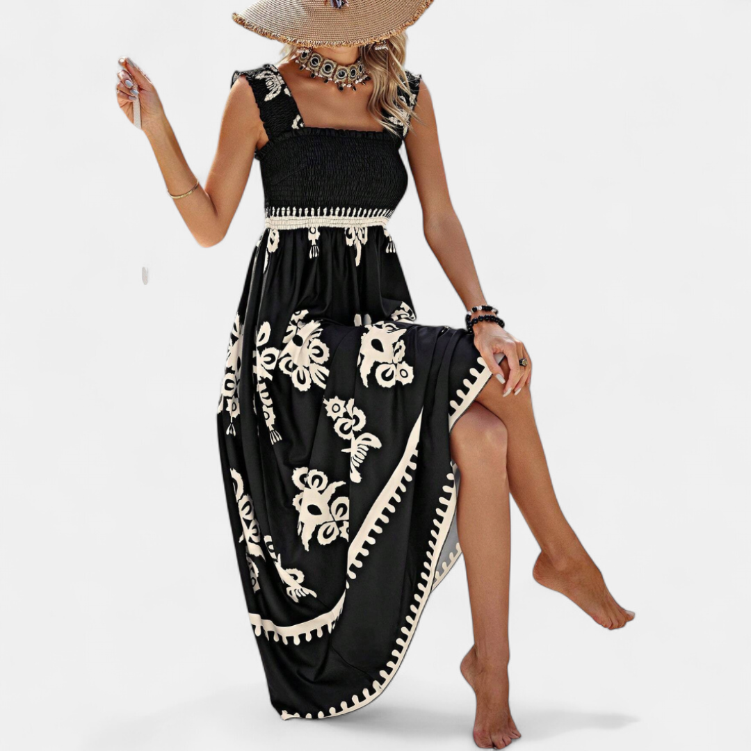 Women's Smocked Boho Maxi Dress, Square Neck Handkerchief Hem