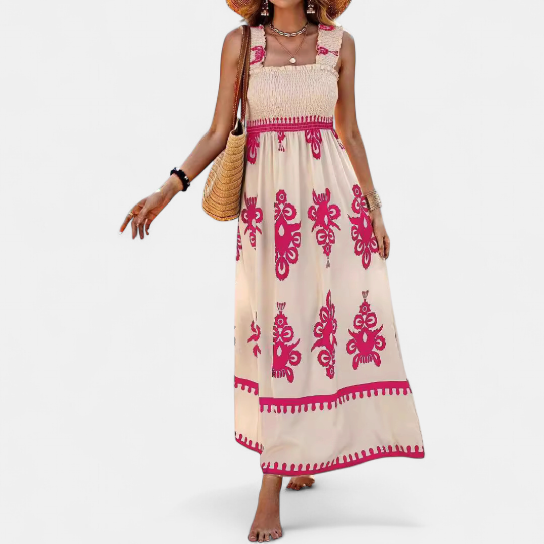 Women's Smocked Boho Maxi Dress, Square Neck Handkerchief Hem