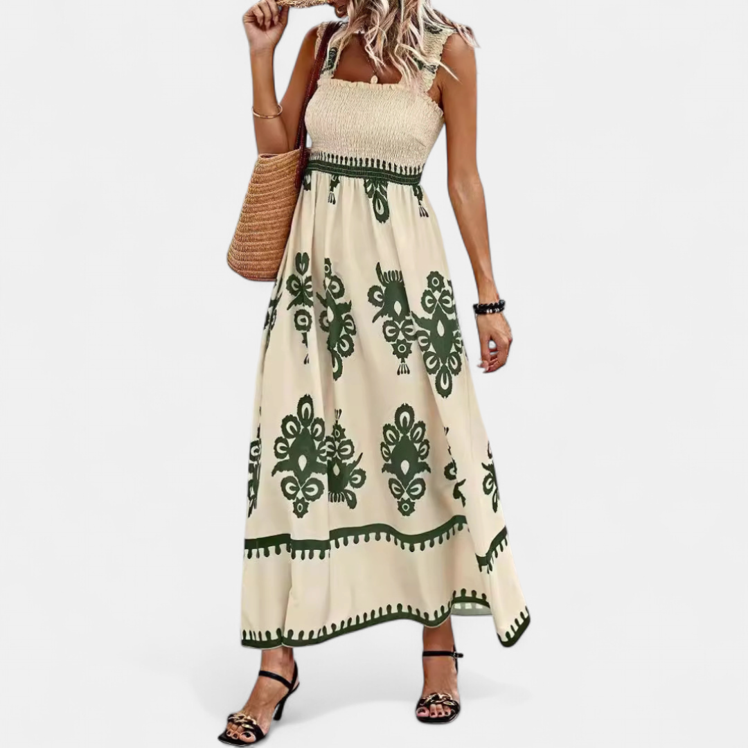 Women's Smocked Boho Maxi Dress, Square Neck Handkerchief Hem