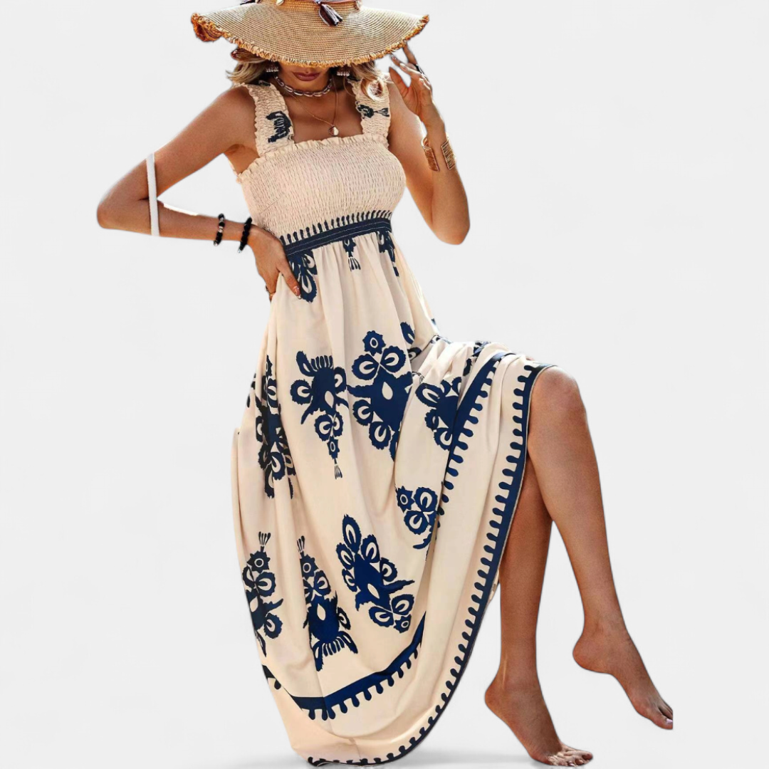 Women's Smocked Boho Maxi Dress, Square Neck Handkerchief Hem