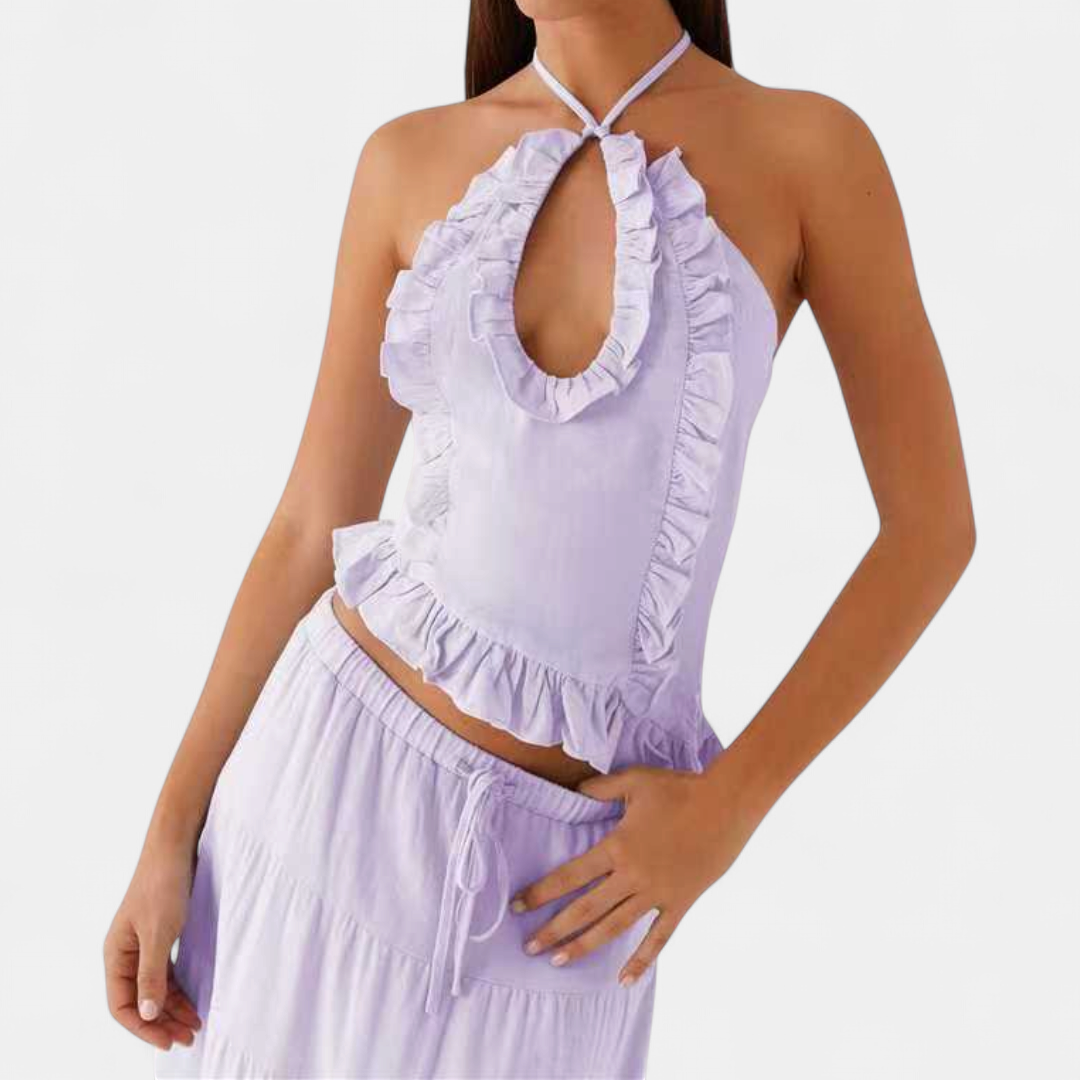 Women's Matching Set, Ruffle Halter Keyhole Tiered Drawstring Waist