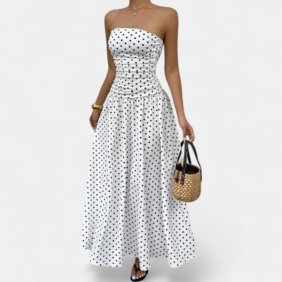 Women's Strapless Polka Dot Maxi Dress, Ruched Fitted Bodice