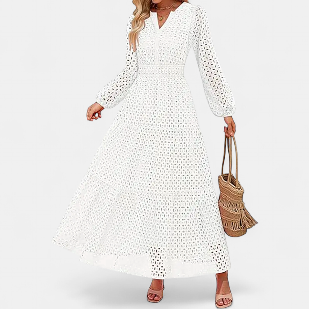 Women's Eyelet Long Sleeve Maxi Dress, V Neck Smocked Waist Tiered