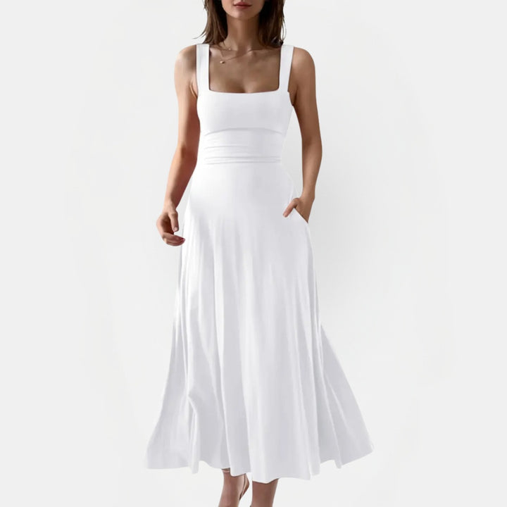 Women's Square Neck Pocket A Line Midi Dress with Back Tie