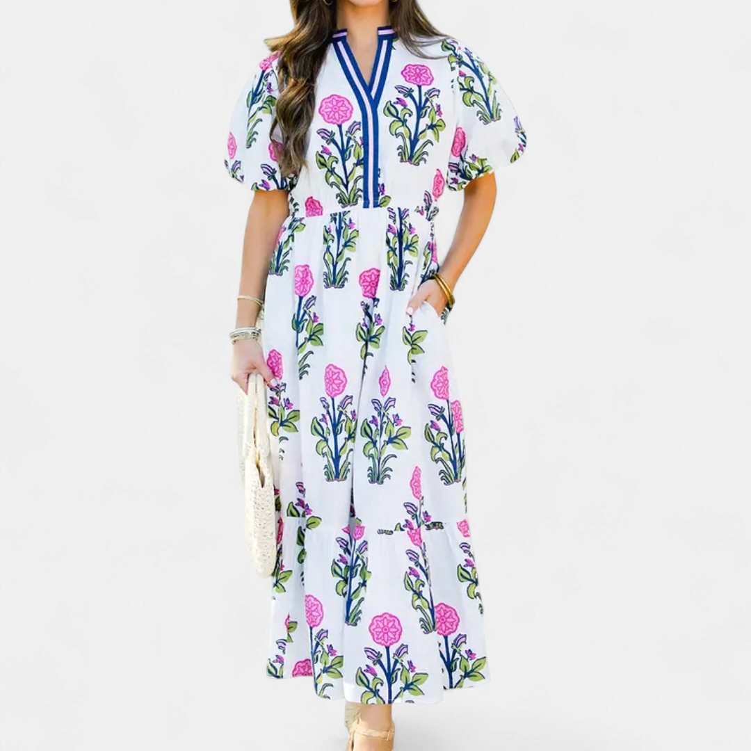 Women's Puff Sleeve Floral Midi Dress, Tiered V Neck Side Pockets