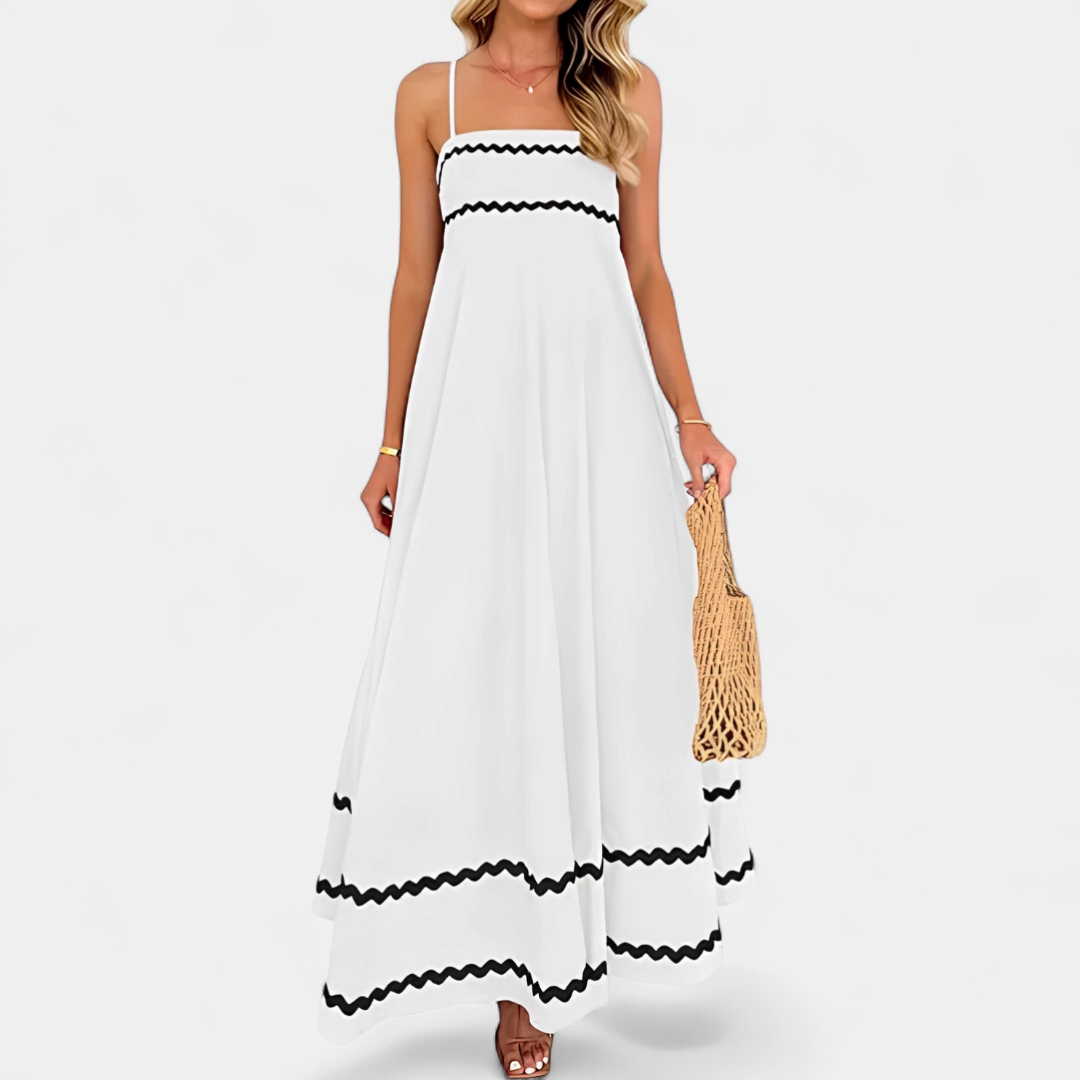 Women's Square Neck Flowy Maxi Dress, Smocked Tiered Ricrac Trim