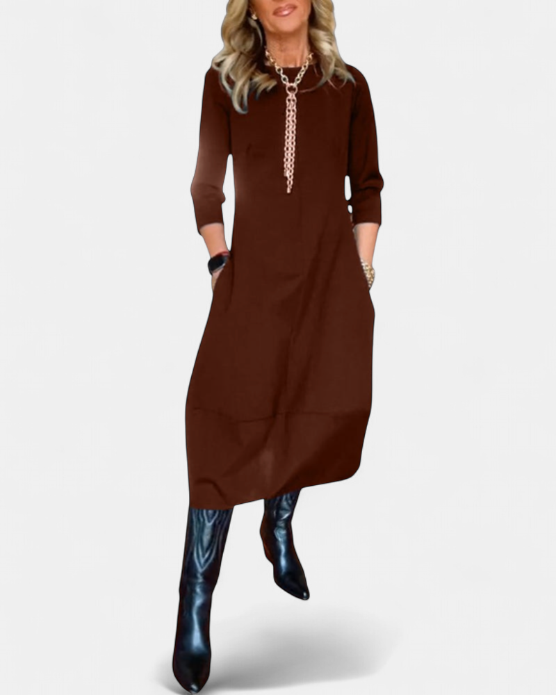 Women's Knit Midi Dress, Crew Neck Three Quarter Sleeves Pockets