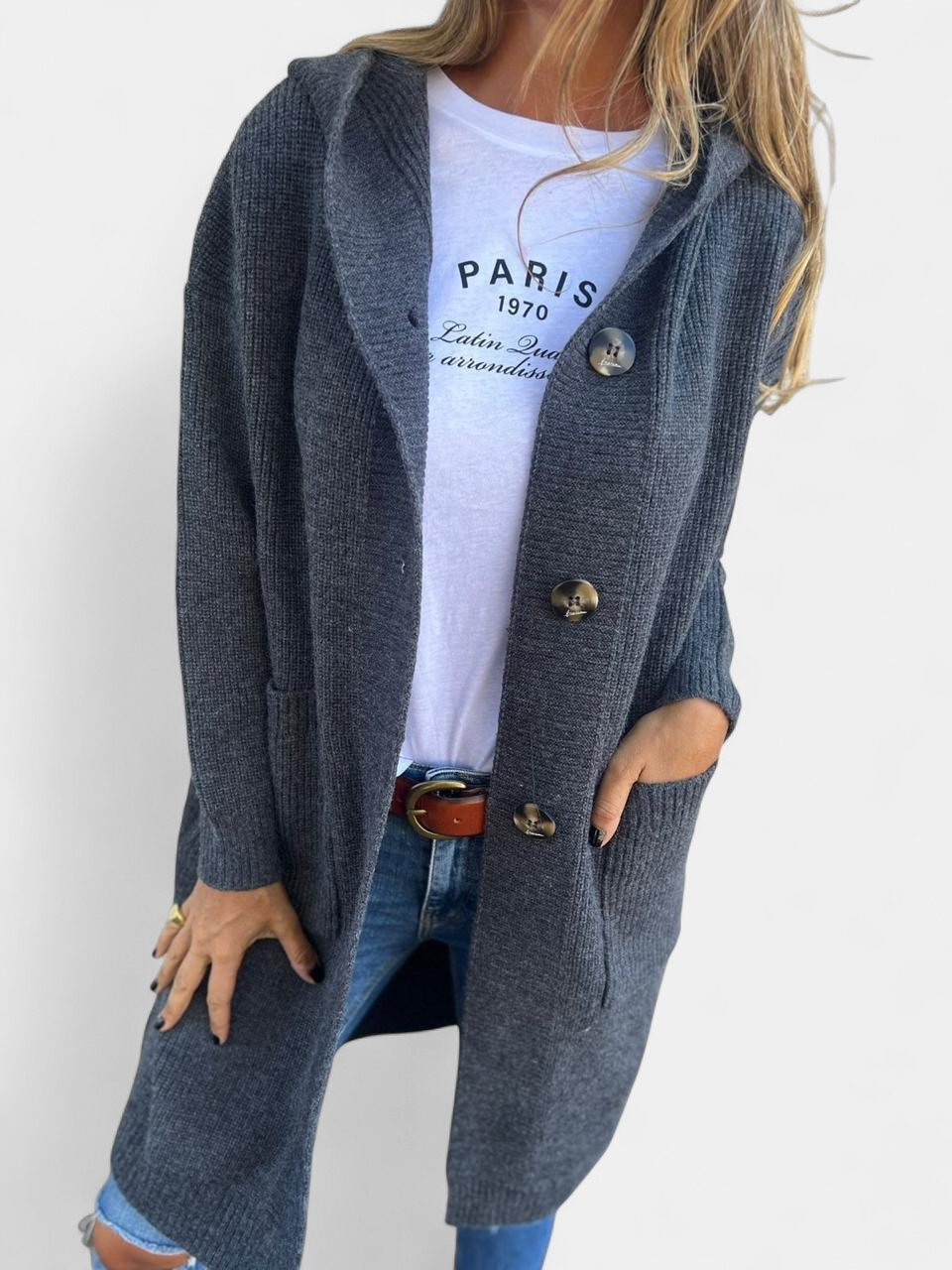 Women's Hooded Long Cardigan Sweater, Button Front Ribbed Pockets