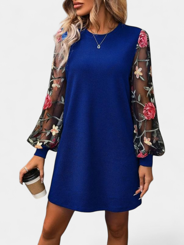 Women's Knit Long Sleeve Mini Dress, Floral Mesh Round Neck
