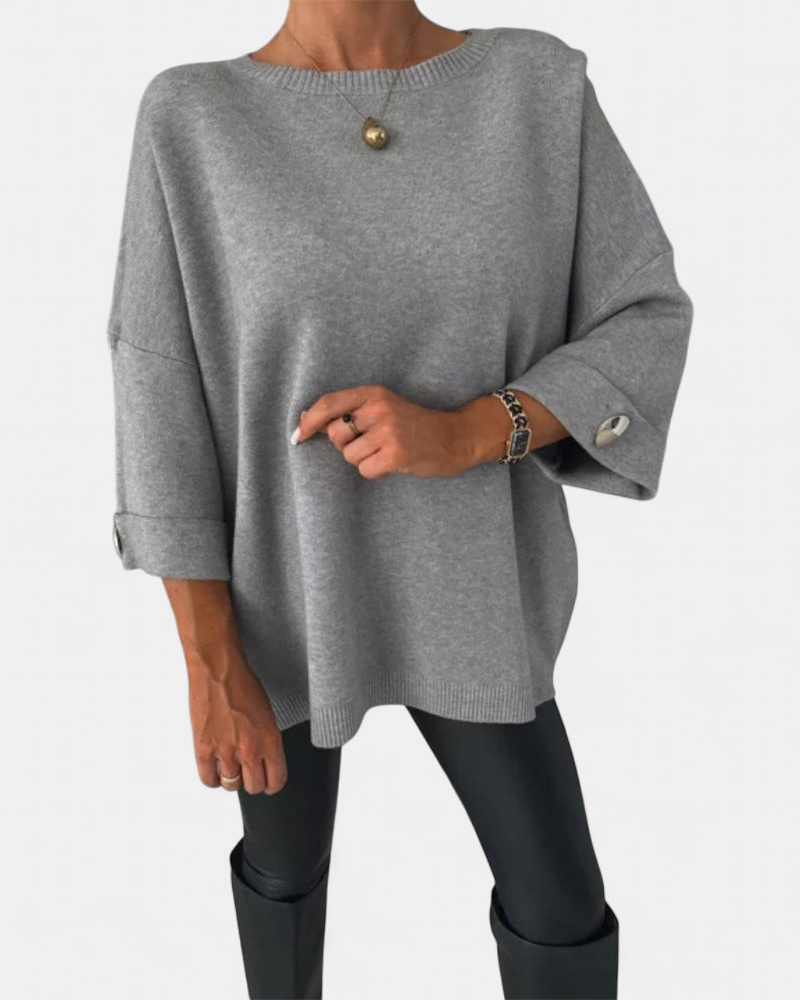 Women's Boat Neck Oversized Sweater, Button Cuffs Side Split Hem