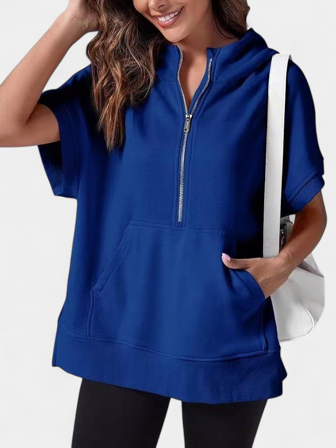 Women's Half Zip Short Sleeve Oversized Hoodie, Kangaroo Pocket