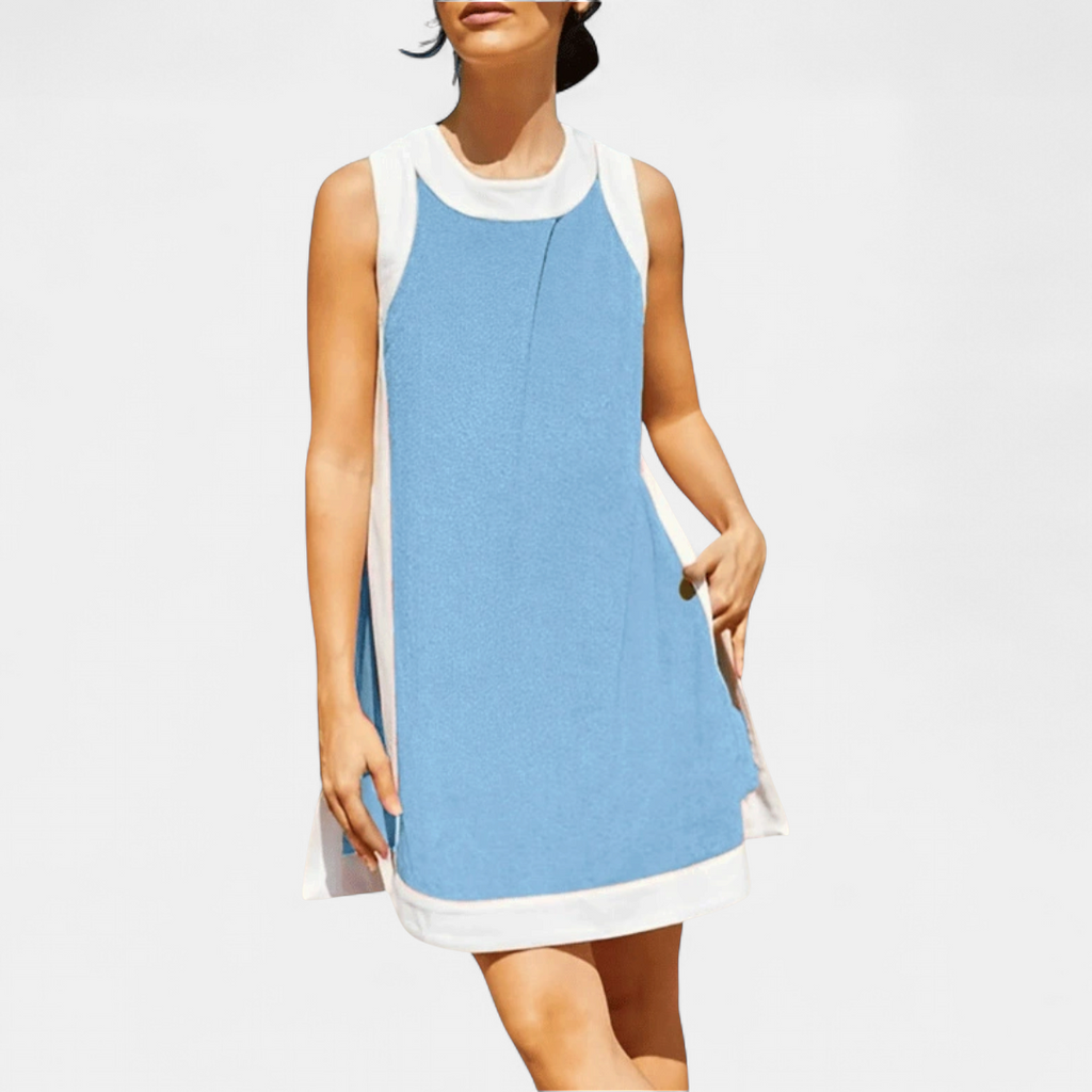 Women's Shift A Line Mini Dress, Sleeveless Color Block Pockets
