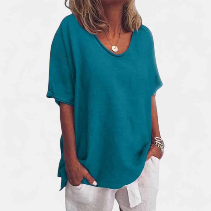 Women's Oversized Short Sleeve Blouse, Scoop Neck Cuffed Side Vents