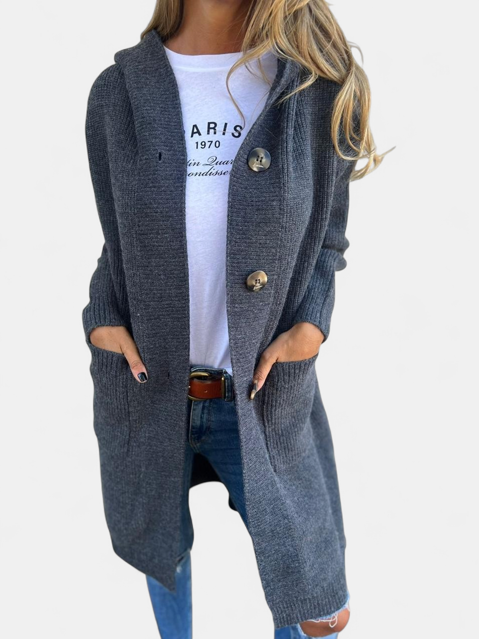 Women's Hooded Long Cardigan Sweater, Button Front Ribbed Pockets