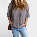 Women's Ribbed V Neck T Shirt, Chest Pocket Drop Shoulder Curved Hem