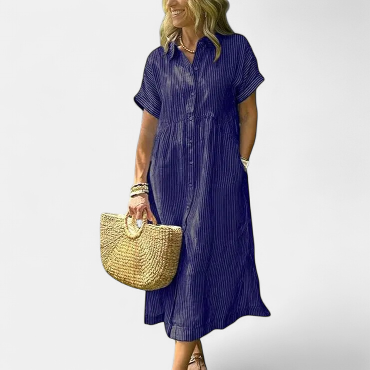 Women's Striped Shirt Midi Dress, Collared Short Sleeves Pockets