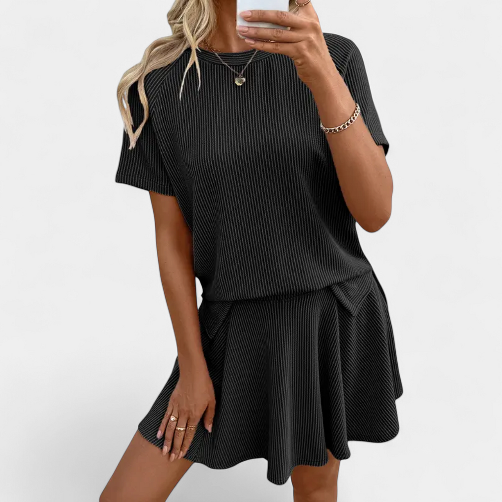 Women's Knit Matching Set, Short Sleeve Flared Ruffle Hem Pockets
