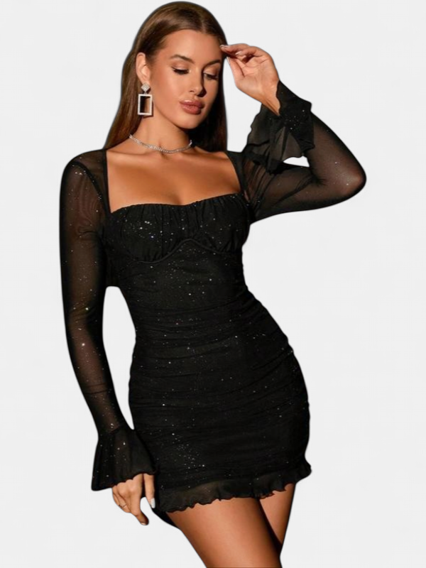 Women's Long Sleeve Bodycon Mini Dress, Glitter Mesh Square Neck