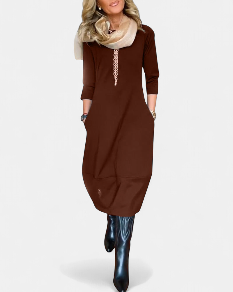 Women's Knit Midi Dress, Crew Neck Three Quarter Sleeves Pockets