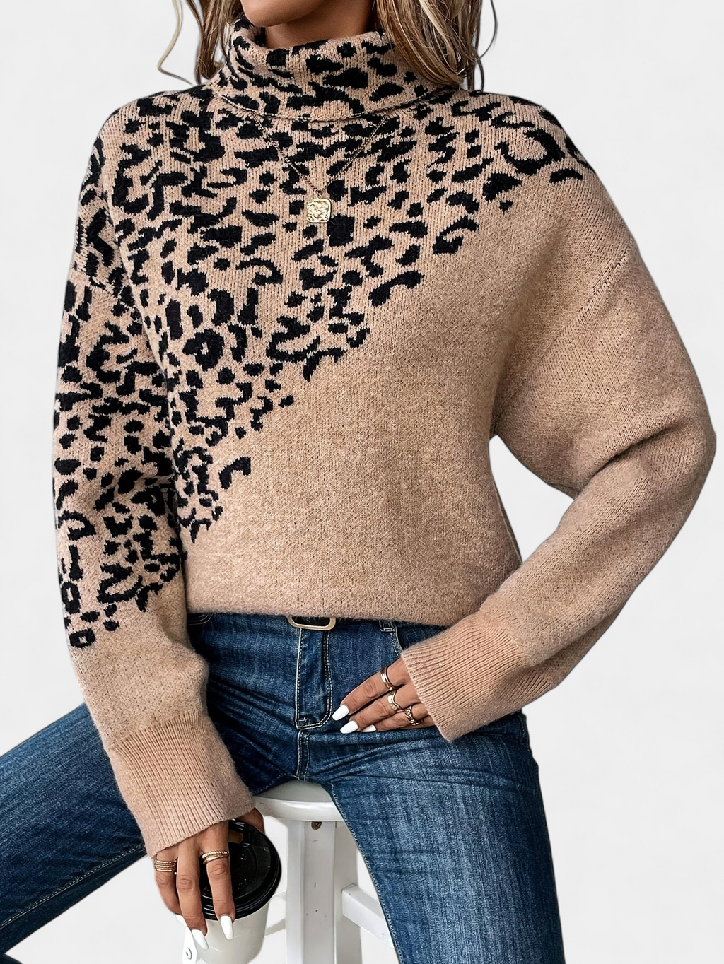 Women's Leopard Print Mock Neck Sweater, Drop Shoulder Relaxed