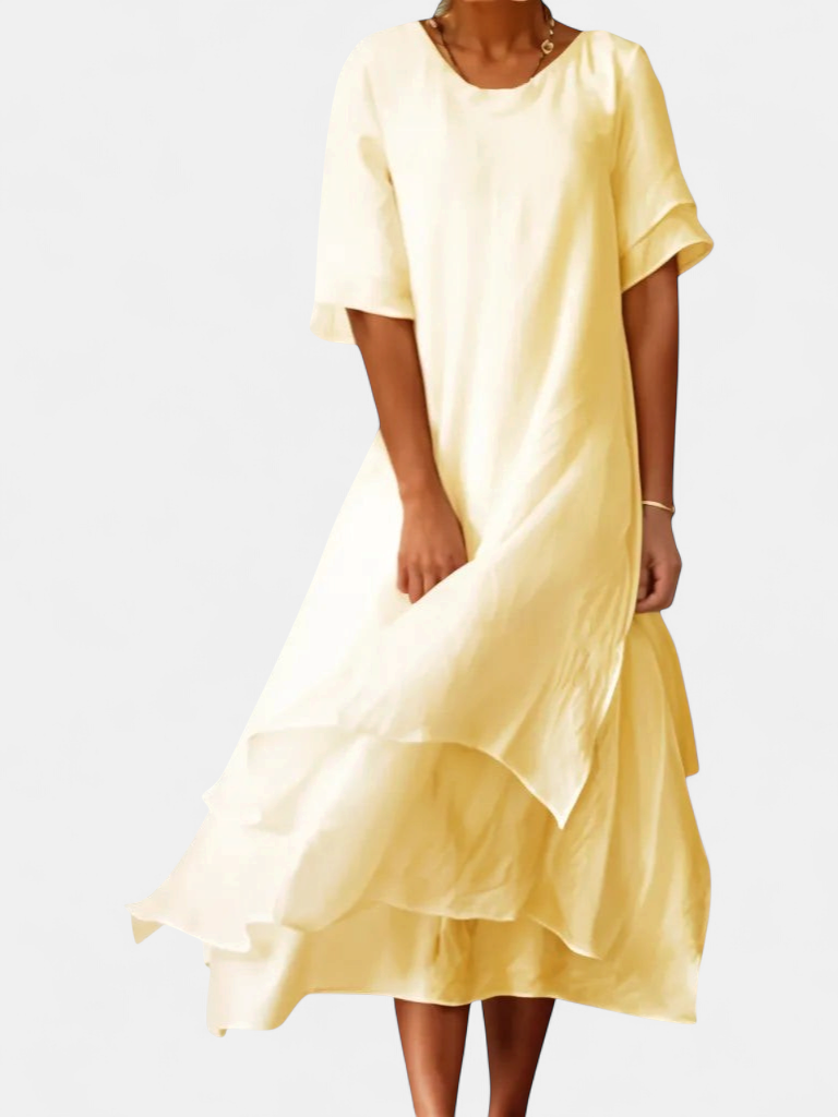 Women's Layered Short Sleeve Midi Dress, Round Neck Asymmetric Hem