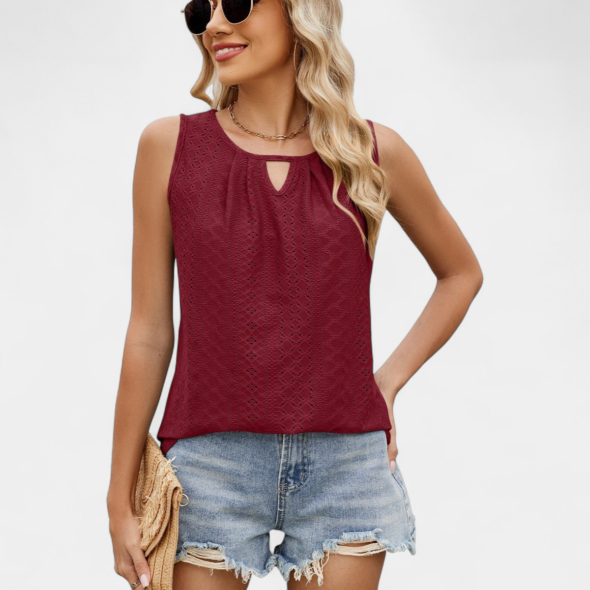 Women's Pleated Eyelet Sleeveless Blouse, Keyhole Round Neck Boxy