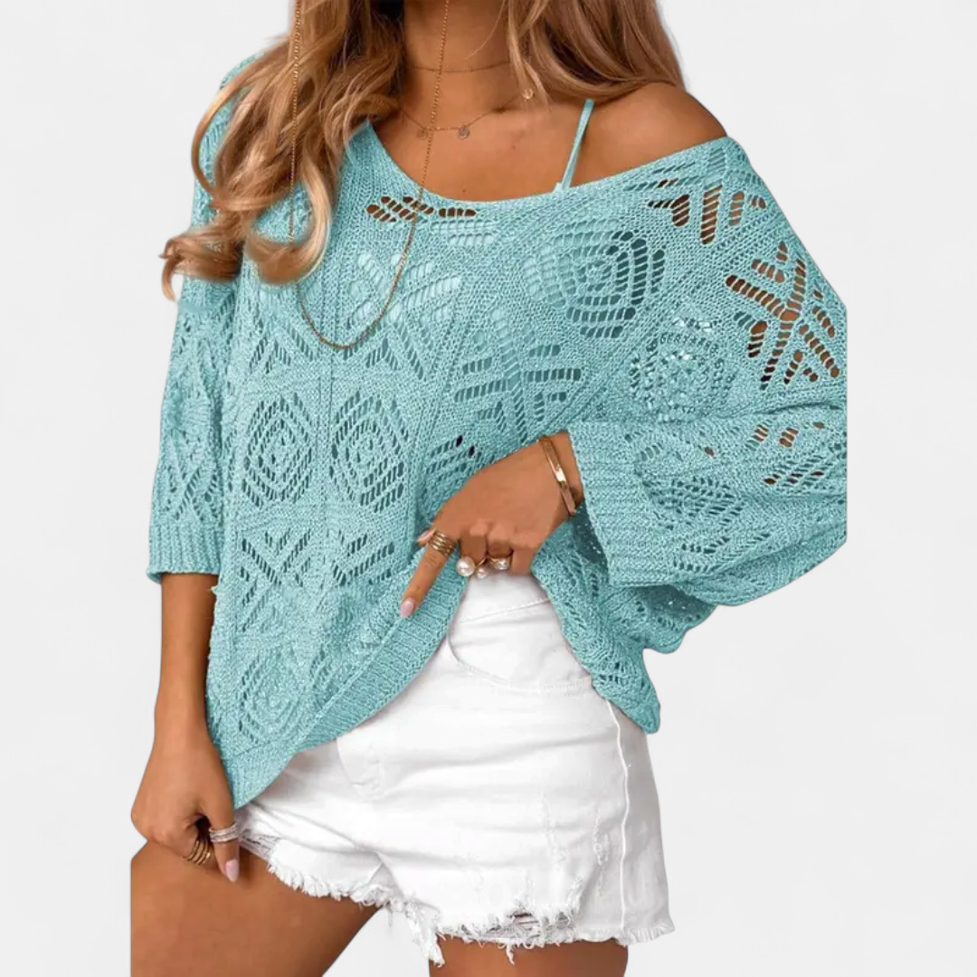Women's Knit Off The Shoulder Sweater, Batwing Sleeve Openwork