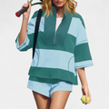 Women's Oversized Two Piece Lounge Set, Quarter Zip Shorts
