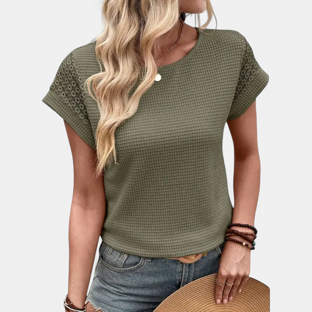 Women's Waffle Knit Short Sleeve Sweater, Lace Trim Round Neck