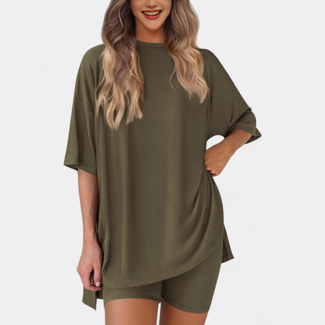 Women's Knit Matching Set, Oversized Drop Shoulder Curved Split Hem