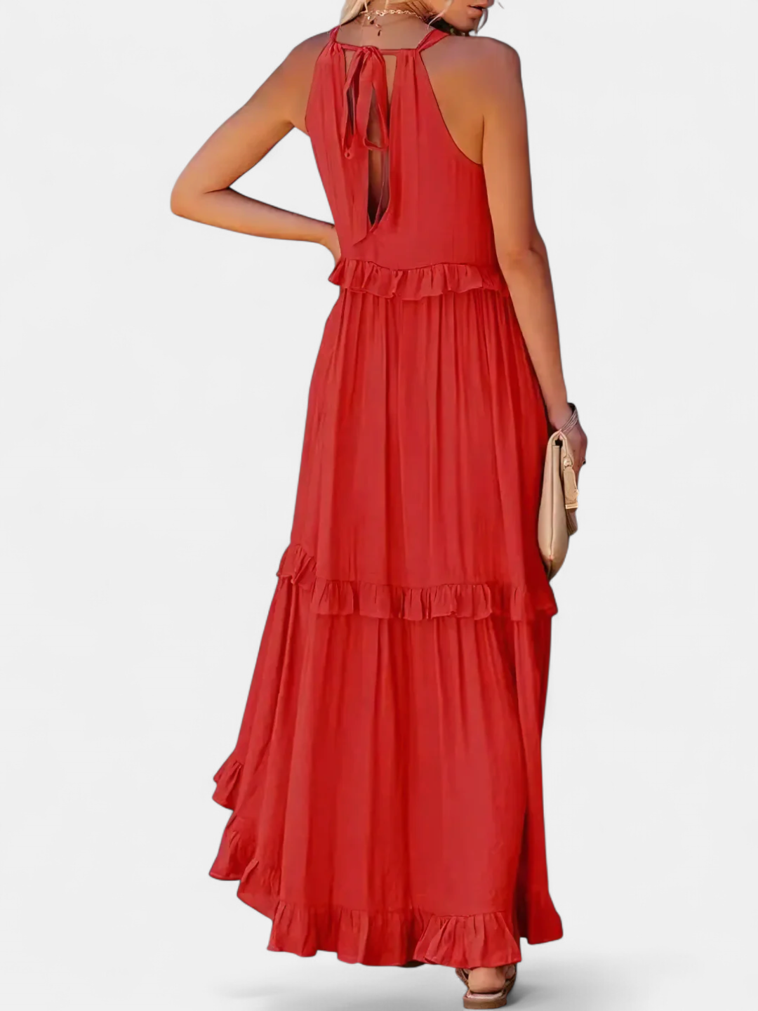 Women's Ruffle Halter Maxi Dress, Tiered Skirt Keyhole Tie Back