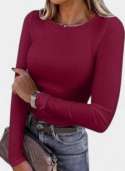 MERIAM | Women Rib Knit Long Sleeve Slim Fit Crewneck Top