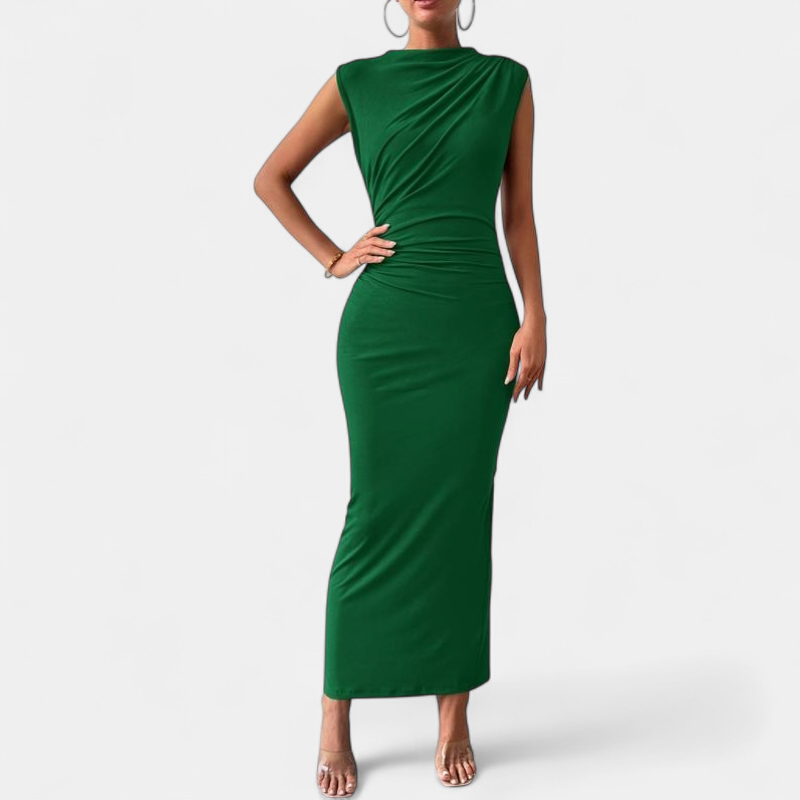 Women's Ruched Bodycon Maxi Dress, Sleeveless Mock Neck Column