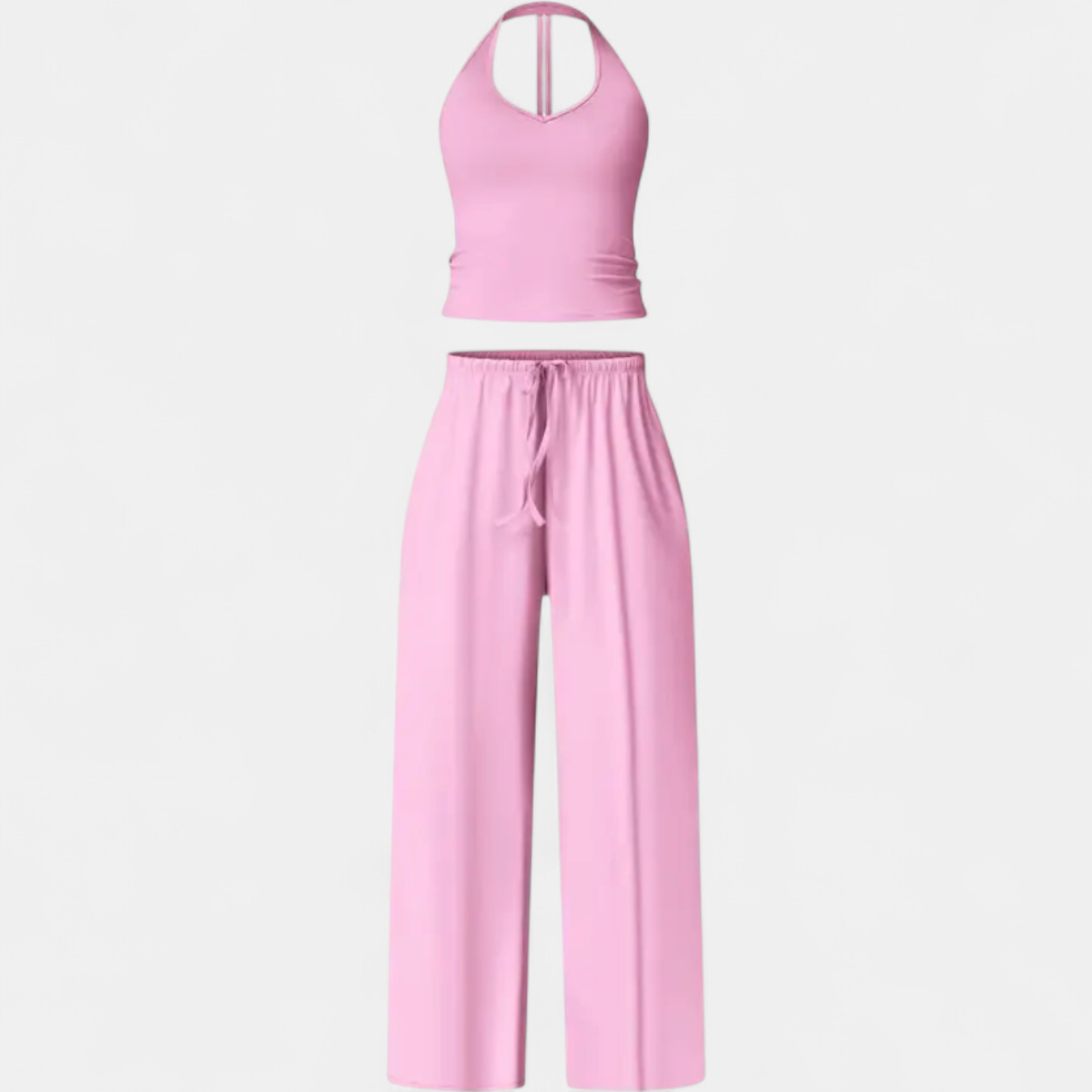 Women's Matching Set, Halter Neck Fitted Crop Wide Leg Drawstring