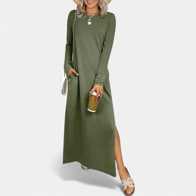 Women's Casual Long Sleeve Maxi Dress, Crew Neck Pockets Side Split