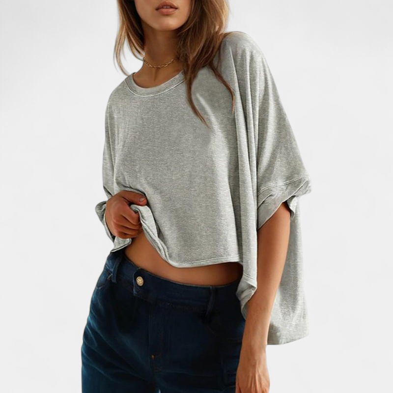 Women's Cropped Boxy Oversized T Shirt, Crew Neck Batwing Sleeves