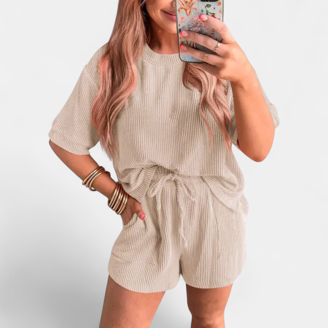 Women's Knit Lounge Set, Short Sleeve Crinkle Rib Shorts