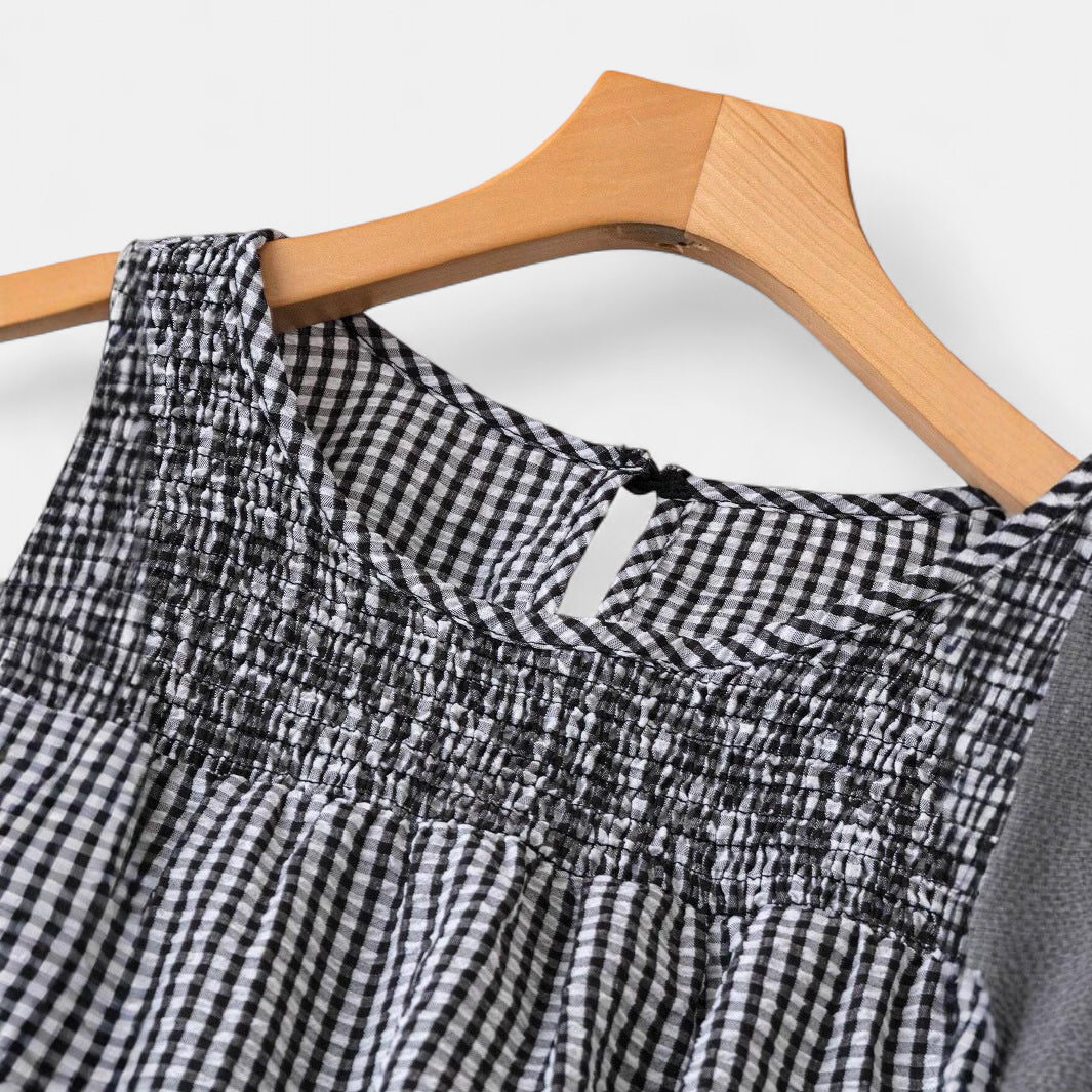 Women's Babydoll Gingham Puff Sleeve Blouse, Smocked Yoke Keyhole