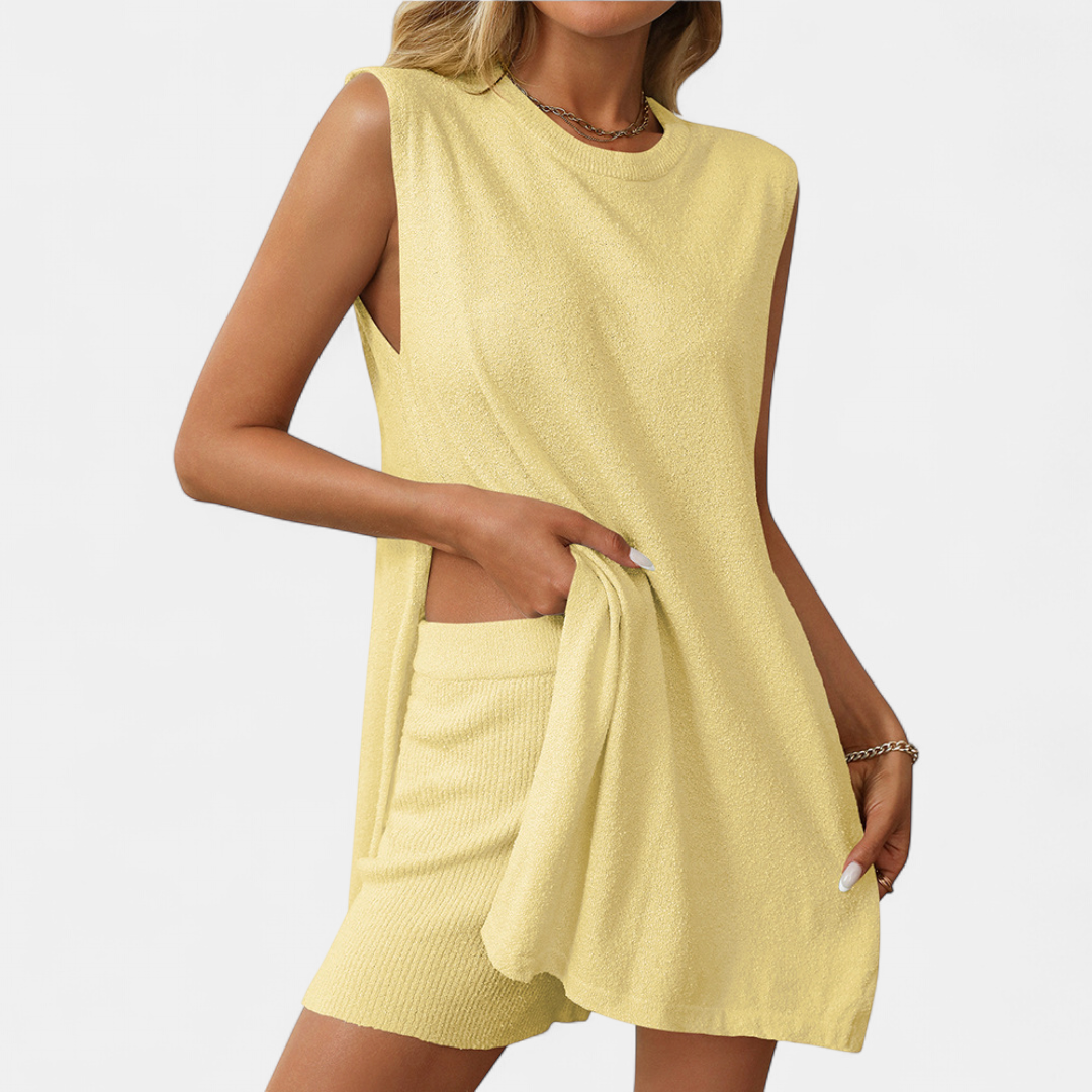 Women's Knit Two Piece Lounge Set, Sleeveless Split Hem Shorts