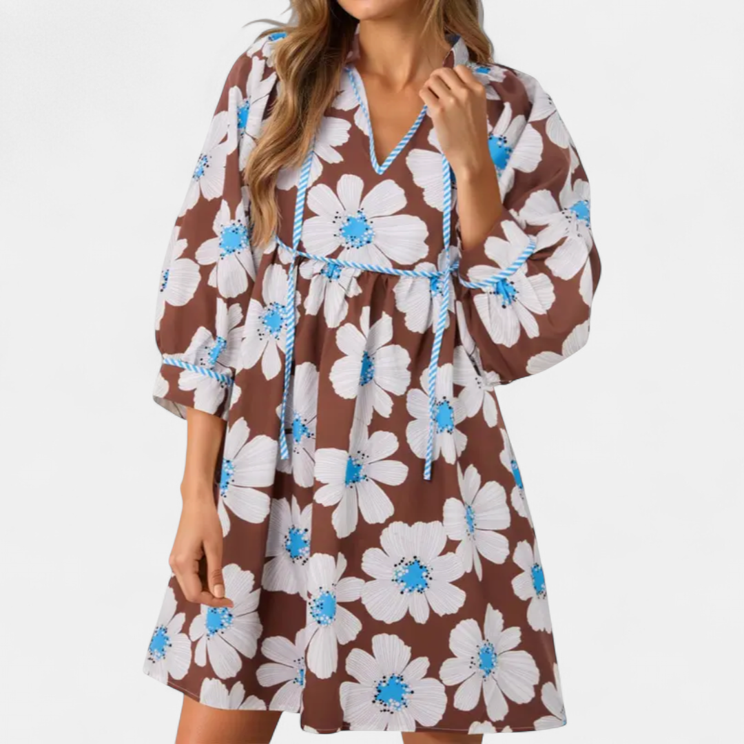 Women's Floral Babydoll Mini Dress, Balloon Sleeves Tie Neck