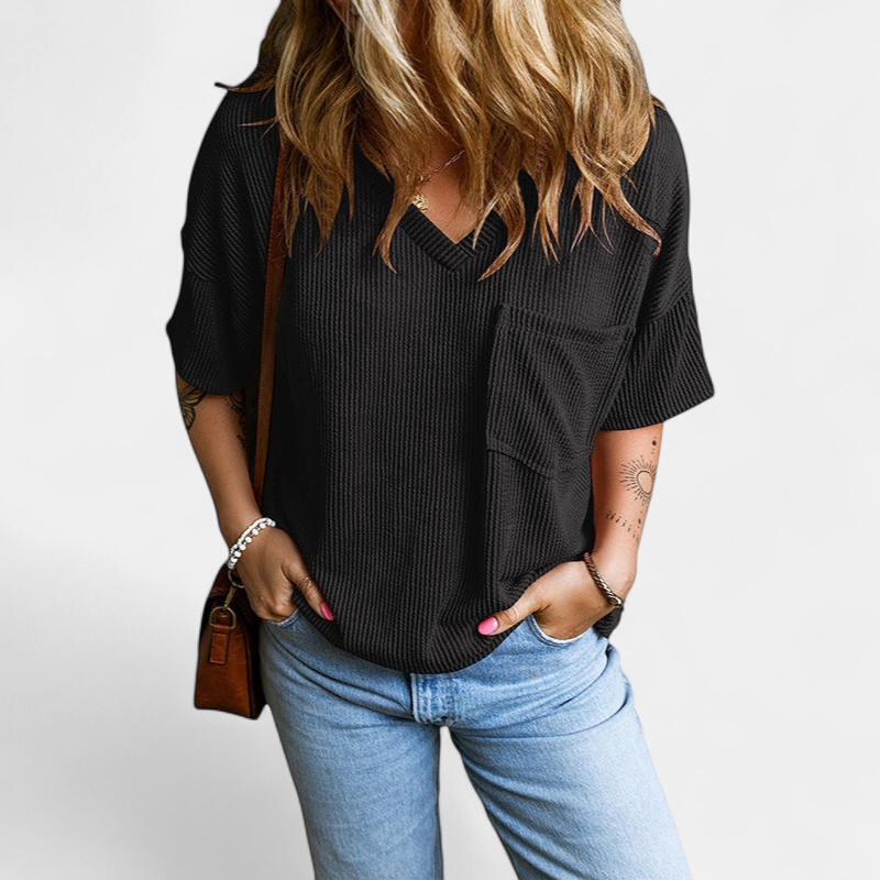 Women's Ribbed V Neck T Shirt, Chest Pocket Drop Shoulder Curved Hem