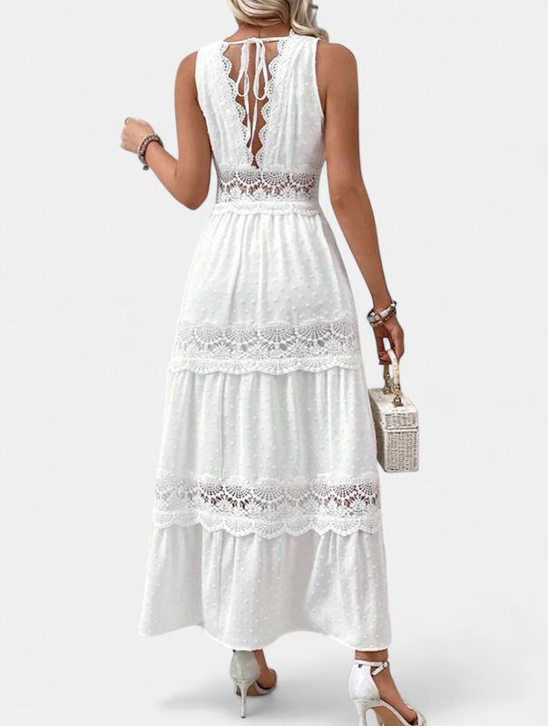 Women's Tiered Lace Maxi Dress, Sleeveless V Neck Crochet Trim