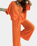 Women's Matching Set, Oversized V Neck Batwing Sleeve Wide Leg