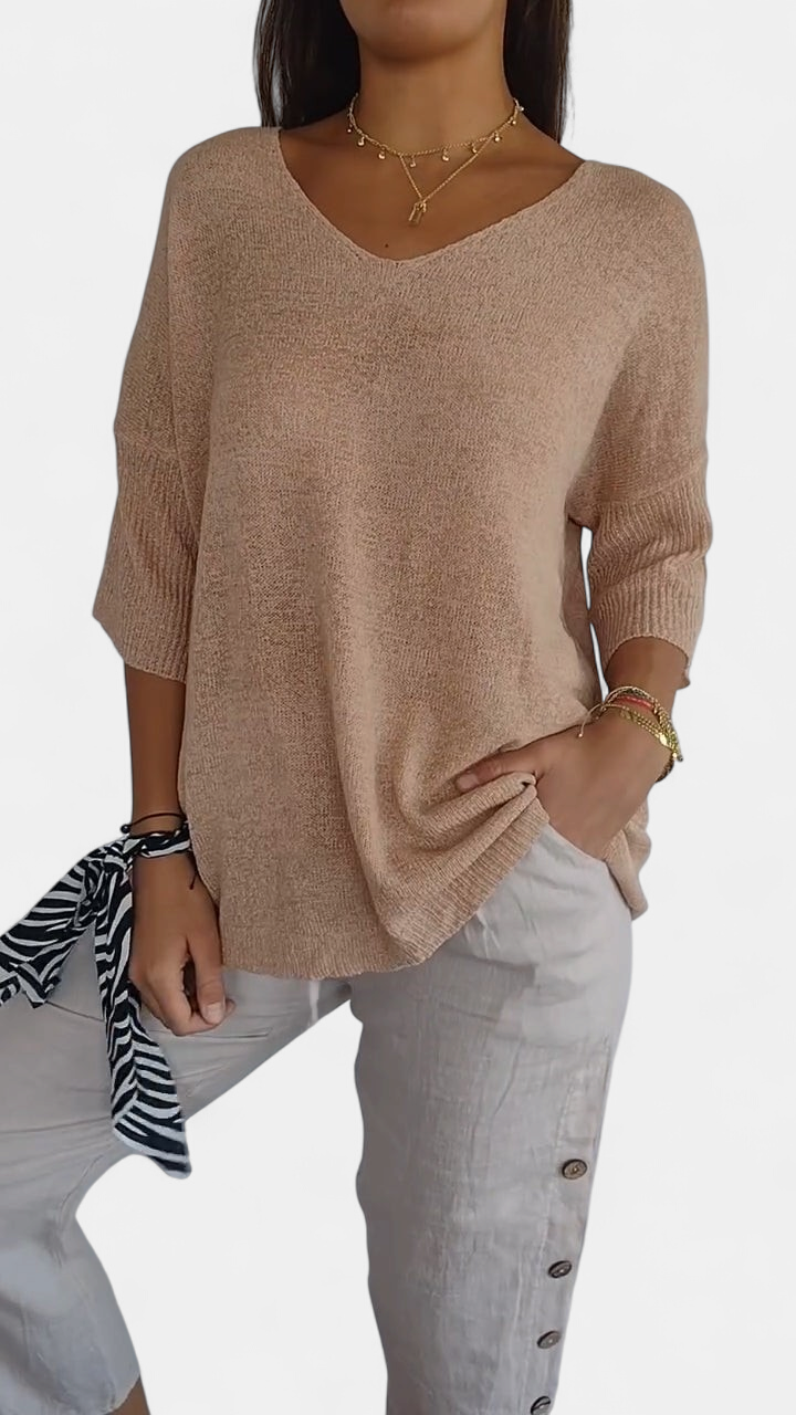 Women's Loose V Neck Blouse, Fine Knit Dolman Sleeves Ribbed Cuffs