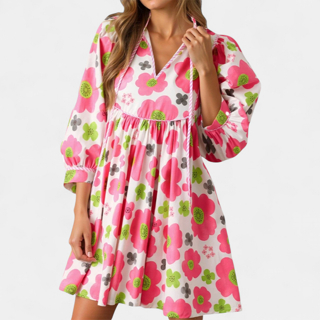 Women's Floral Babydoll Mini Dress, Balloon Sleeves Tie Neck