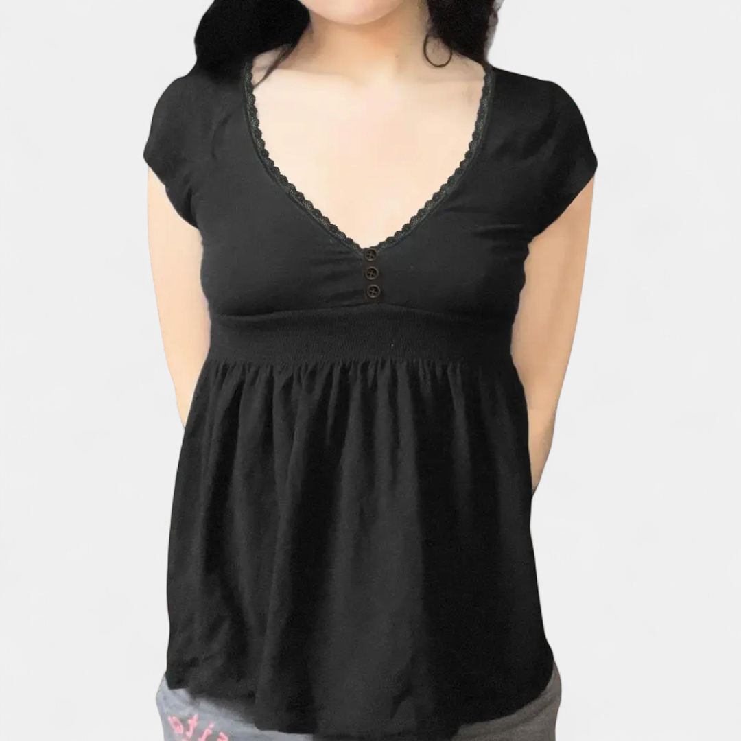 Women's Lace Trim V Neck T Shirt, Button Front Babydoll Cap Sleeve