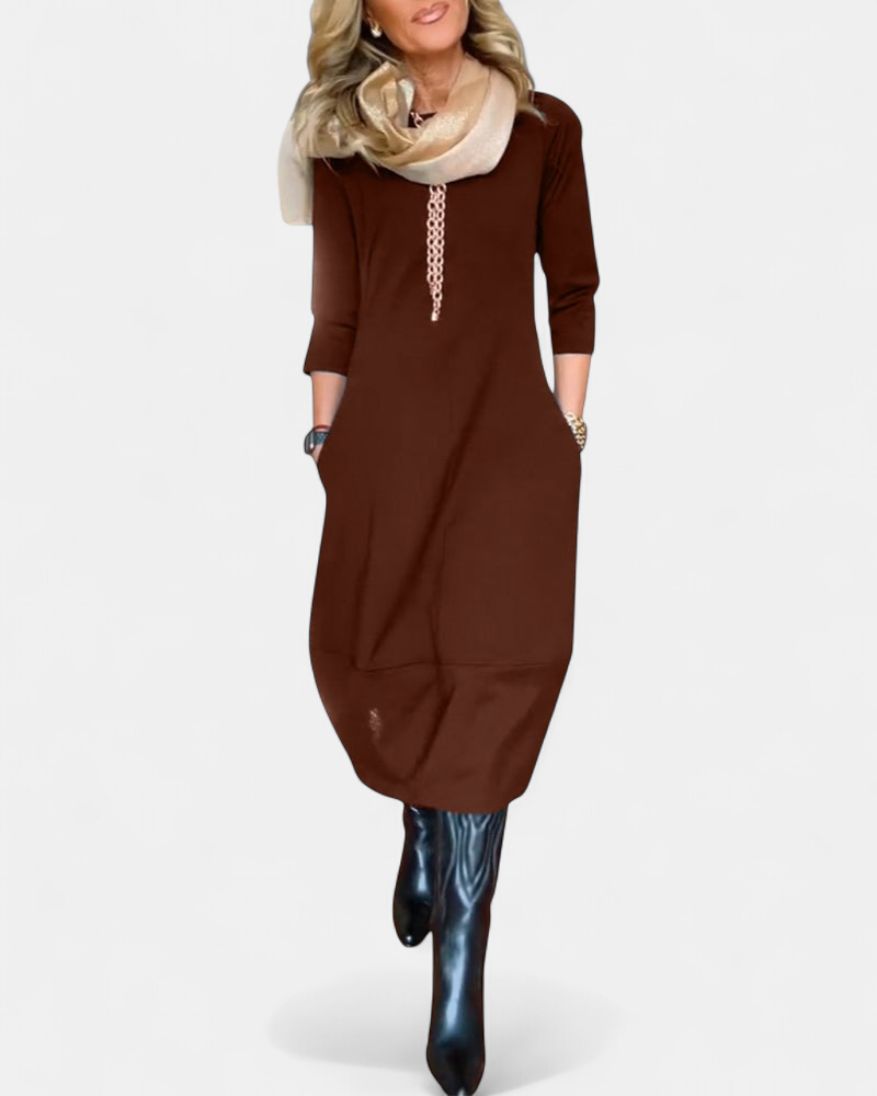 Women's Knit Midi Dress, Crew Neck Three Quarter Sleeves Pockets