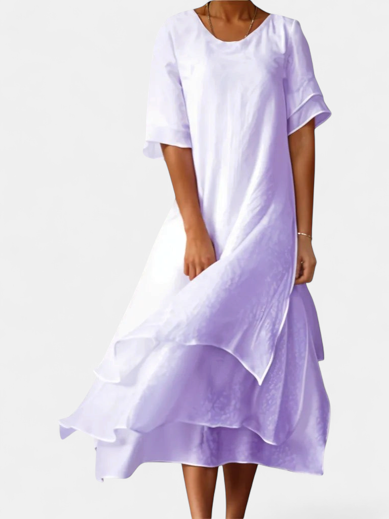 Women's Layered Short Sleeve Midi Dress, Round Neck Asymmetric Hem